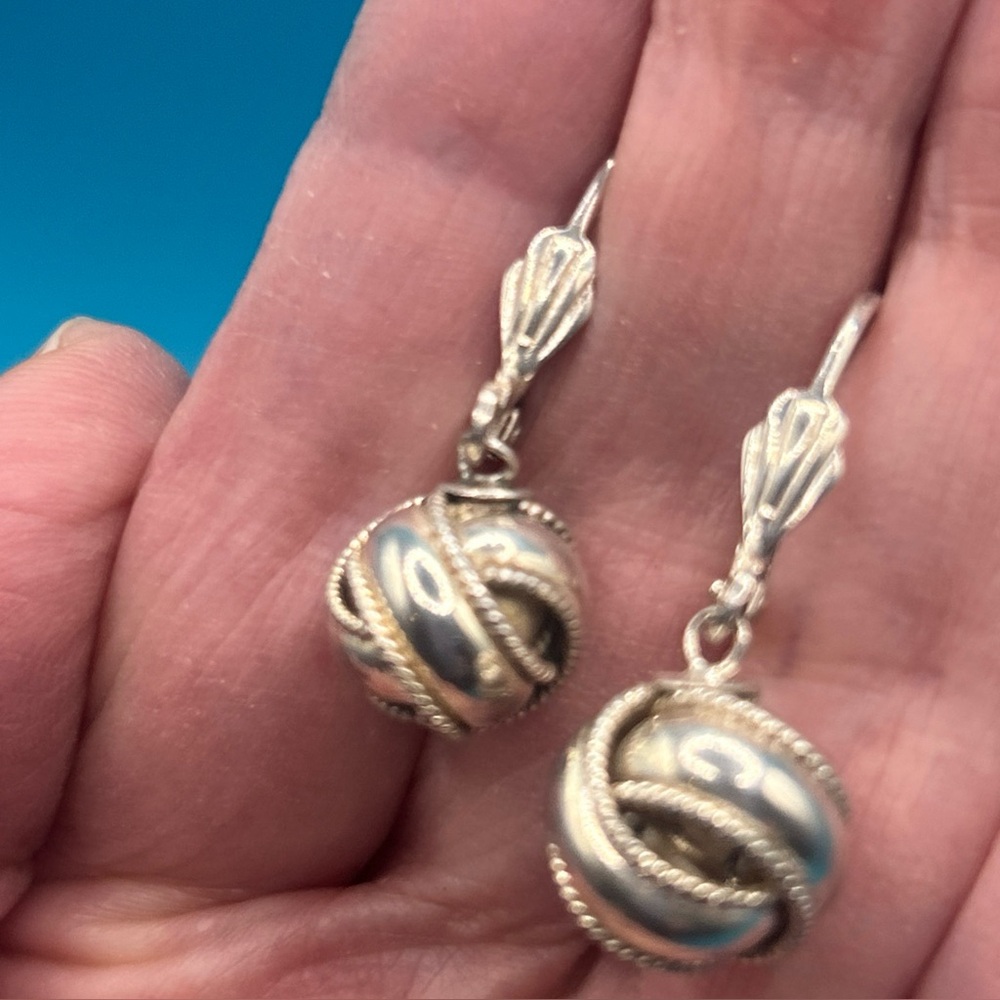 Vintage 925 Dangling Ball Earrings Knot Design Estate Find Leverback Closure